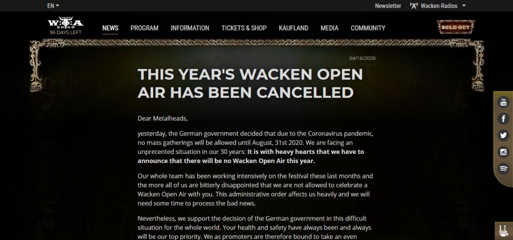 Wacken Open Air中止のお知らせ